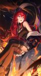  1girl absurdres aimitkkays arknights bare_shoulders black_dress burnt_clothes chest_strap demon_girl demon_horns dress from_below hair_intakes highres horns long_hair looking_at_viewer looking_down off_shoulder open_mouth purple_eyes red_hair sitting surtr_(arknights) thigh_strap thighhighs 