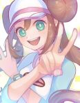  1girl absurdres aqua_eyes bright_pupils brown_hair commentary_request double_bun double_v doughnut_hair_bun eyelashes hair_bun highres long_hair looking_at_viewer multicolored_background open_mouth pokemon pokemon_bw2 print_shirt rosa_(pokemon) ryusa_(gjgd7445) shirt smile solo sparkle teeth upper_body upper_teeth_only v visor_cap white_pupils 