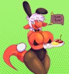  2018 anthro big_breasts blue_eyes bow_tie breasts bunny_costume clothed clothing costume fake_ears fake_rabbit_ears female food gloves hair hi_res huge_breasts lizard red_knight_(sirphilliam) reptile scalie sirphilliam skimpy smile solo thick_thighs voluptuous wide_hips 