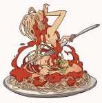  1girl arm_up barefoot bleeding blonde_hair blood closed_eyes completely_nude facing_up food fork full_body guro holding holding_fork impaled leaning_back long_hair meremero nude original pasta personification plate simple_background sitting solo spaghetti surreal very_long_hair white_background 