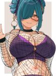  +_+ 1girl black-framed_eyewear blush breasts bustier choco_tanuki detached_hair drill_hair fishnet_top fishnets green_hair green_nails hair_ornament hair_over_one_eye highres huge_breasts kitakoji_hisui kitakoji_hisui_(4th_costume) long_hair looking_at_viewer midriff multicolored_hair navel nijisanji purple_hair purple_shirt sharp_teeth shirt smirk solo star_(symbol) star_hair_ornament streaked_hair teeth twin_drills twintails upper_body virtual_youtuber yellow_eyes zipper zipper_pull_tab 