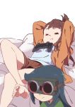  =_= barefoot blue_hair brown_hair brown_shorts closed_eyes closed_mouth commentary_request constanze_amalie_von_braunschbank-albrechtsberger controller crossed_legs dualshock feet game_controller gamepad goggles highres jacket kagari_atsuko little_witch_academia long_sleeves multiple_girls open_clothes open_jacket orange_jacket reclining shirt shorts simple_background sitting soles tama_(tama-s) topknot white_background white_shirt 