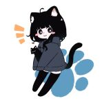  1girl :3 ahoge animal animal_ear_fluff animal_ears black_cat black_eyes black_hair black_thighhighs blush_stickers bright_pupils cat cat_ears cat_girl cat_tail closed_mouth from_side grey_hoodie holding holding_animal holding_cat hood hood_down hoodie long_hair long_sleeves looking_at_viewer looking_to_the_side megateru original paw_print paw_print_background sleeves_past_fingers sleeves_past_wrists smile solo tail tail_raised thighhighs white_background white_pupils zettai_ryouiki 
