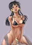  1girl black_hair bottomless breasts cum cum_in_pussy dead_or_alive dead_or_alive_5 erect_nipples girl_on_top large_breasts long_hair looking_at_viewer nyotengu open_mouth penis pixiv_sample purple_eyes sex smile tongue vaginal 