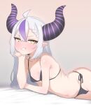  1girl ahoge bikini black_horns breasts cameltoe highres hololive horns la+_darknesss long_hair looking_at_viewer mingkozus multicolored_hair navel pointy_ears purple_hair purple_nails small_breasts smile smug solo streaked_hair striped_horns swimsuit very_long_hair virtual_youtuber yellow_eyes 