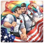  2boys absurdres american_flag bara beard beard_stubble blush collared_shirt couple cowboy_shot facial_hair flower flower_on_chest formal full_beard happy highres holding_hands interlocked_fingers kiss kissing_cheek large_hands lgbt_pride looking_at_viewer male_focus mature_male medium_sideburns multiple_boys muscular muscular_male necktie one_eye_closed original pectorals petals rainbow_flag rose shirt short_hair sideburns_stubble silverjow stubble suspenders wrinkled_skin yaoi 