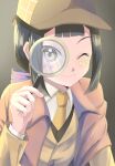  1girl absurdres beyblade_x black_hair closed_eyes detective facepaint highres holding holding_magnifying_glass light_smile looking_at_viewer magnifying_glass nanairo_multi one_eye_closed solo solo_focus umikisana 
