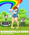  2017 anthro big_breasts breakfast breasts cereal clothing detailed_background dialogue duo female food jumping lagomorph mammal milk nipples open_mouth pants post_transformation rabbit rainbow shirt standing surprise tgwonder tree wide_hips 
