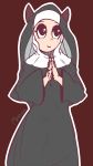  2018 absurd_res blush clothed clothing cross demon digital_media_(artwork) female fully_clothed hi_res hood horn humanoid looking_up mammal meryiel not_furry nun praying sketch smile solo standing succ_the_succubus succubus toony 