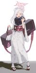  1girl absurdres bag black_c_(net_dust) black_scarf blue_archive blush fang full_body grey_hair halo handbag highres holding holding_bag japanese_clothes kimono long_hair long_sleeves mutsuki_(blue_archive) mutsuki_(new_year)_(blue_archive) obi official_alternate_costume official_alternate_hairstyle open_mouth pink_eyes red_halo sash scarf shadow skin_fang smile socks solo standing tabi white_kimono white_socks wide_sleeves 