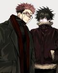  2boys black_hair closed_mouth coat commentary couple extra_eyes eyewear_strap facial_tattoo fur-trimmed_jacket fur_trim fushiguro_megumi glasses green_coat green_eyes hair_between_eyes hands_in_pockets highres jacket jugang140 jujutsu_kaisen long_sleeves looking_at_another looking_at_viewer male_focus multiple_boys pants pink_hair red_eyes ryoumen_sukuna_(jujutsu_kaisen) scarf short_hair spiked_hair standing symbol-only_commentary tattoo turtleneck undercut yaoi 