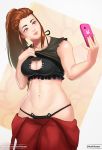  breasts brigitte_(overwatch) brown_hair cat_cutout cat_lingerie cellphone cleavage cleavage_cutout koshio large_breasts meme_attire navel overalls overalls_removed overwatch phone self_shot shirt_lift skindentation smartphone solo stomach toned torn_clothes torn_sleeves underwear 
