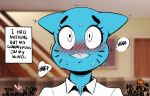  2018 anais_watterson anthro blue_fur blush cartoon_network cat darwin_watterson dbaru dialogue digital_media_(artwork) english_text feline female fur horny_(disambiguation) living_room looking_at_viewer makeup mammal nicole_watterson panting simple_background smile solo sweat text the_amazing_world_of_gumball whiskers zeigram 
