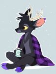 2024 anthro antlers aseethe bedding black_body black_fur black_nose blanket container cup deer digital_media_(artwork) fur hi_res holding_container holding_cup holding_object hooves horn mammal purple_hooves signature sitting smile solo