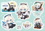  1boy 1girl 1other arknights artist_name bag black_jacket black_pants blonde_hair blue_eyes blue_necktie blue_wings character_name chibi coat commentary_request cookie crossed_bangs doctor_(arknights) english_text executor_(arknights) executor_(titleless_code)_(arknights) food food_on_head green_background gun halo holding holding_gun holding_weapon hood hood_up hooded_jacket ice_cream id_card in_container jacket mask necktie object_on_head official_alternate_costume orange_eyes orange_jacket outline pants patterned_background pocky rainbow_halo rainbow_wings short_hair simple_background soppos sticker sunglasses vermeil_(arknights) weapon white_coat wings 