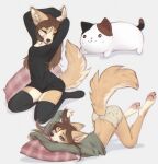 2024 anthro brown_hair canid canine canis clothed clothing digital_media_(artwork) dingo female fur hair hi_res mammal midriff multiple_positions one_eye_closed pawpads pillow pink_pawpads plushie simple_background solo stretching tan_body tan_fur white_background yshanii