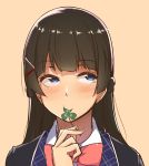  black_hair blue_eyes blush brown_background clover eating long_hair looking_up nijisanji school_uniform simple_background solo tokiwa_midori_(kyokutou_funamushi) tsukino_mito 