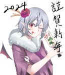  1girl 2024 ;p bat_wings earrings flower fur_trim grey_hair hagoita hair_flower hair_ornament highres jewelry kanaria_(bocmn) looking_at_viewer one_eye_closed paddle pointy_ears red_eyes remilia_scarlet short_hair simple_background solo tongue tongue_out touhou translation_request upper_body white_background wings 
