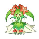  1girl flower full_body green_hair highres lyleen monster_girl oo_rin5 pal_(creature) palworld plant_girl plant_hair red_eyes red_flower simple_background solo sparkle twintails white_background yellow_flower 