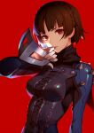  1girl ask_(askzy) black_bodysuit black_scarf bodysuit braid breasts brown_hair center_cross_lace commentary crown_braid gloves holding holding_mask mask medium_breasts niijima_makoto persona persona_5 red_background red_eyes scarf short_hair shoulder_spikes solo spikes unworn_mask upper_body 
