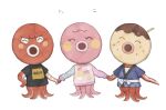  1girl 2boys :o ^_^ animal_crossing bandages black_shirt blush blush_stickers chest_sarashi closed_eyes clothes_writing commentary_request freckles furry furry_female furry_male happi holding_hands japanese_clothes kaji_(oni_atat) long_sleeves marina_(animal_crossing) multiple_boys octavian_(animal_crossing) open_mouth pink_sweater print_shirt print_sweater sarashi shirt shooting_star_(symbol) short_sleeves simple_background star_(symbol) sweater t-shirt white_background zucker_(animal_crossing) 