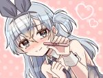  1girl alternate_costume animal_ears blue_eyes closed_mouth collarbone commentary_request commission fake_animal_ears grey_hair highres holding kantai_collection looking_at_viewer necktie playboy_bunny pregnancy_test smile solo suzutsuki_(kancolle) sweat woekisryo123 