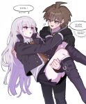  1boy 1girl ahoge black_footwear black_jacket black_skirt blush boots brown_hair carrying danganronpa:_trigger_happy_havoc danganronpa_(series) gloves green_eyes green_hoodie hetero highres hood hoodie jacket kirigiri_kyoko korean_commentary korean_text long_hair maem_(77lrik) necktie open_clothes open_jacket princess_carry purple_eyes purple_hair shirt short_hair skirt speech_bubble translation_request white_shirt 