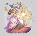  1girl blue_eyes blue_hair dress essual_(layer_world) fire_emblem fire_emblem_engage fire_emblem_heroes full_body gold_crown looking_at_viewer lumera_(fire_emblem) multicolored_clothes official_alternate_costume official_art solo white_dress 