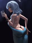  1girl absurdres ako_(blue_archive) ako_(dress)_(blue_archive) ass backless_dress backless_outfit black_hairband blue_archive blue_dress blue_eyes blue_hair blue_halo breasts cellphone cowboy_shot cuffs dndosld73832 dress hairband halo handcuffs highres holding holding_phone large_breasts long_hair open_mouth phone sleeveless sleeveless_dress smartphone solo 