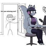 absurd_res ambiguous_gender anthro are_ya_winning_son? black_hair black_nose cigarette clothing computer electronics fluffy fluffy_tail footwear fur girly grey_body grey_ears grey_fur hair headgear headphones headset hi_res long_tail mammal microphone open_toe_stockings rodent sciurid short_hair sitting somthingcanvas tail toeless_footwear toeless_legwear toeless_stockings tree_squirrel
