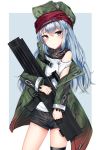  assault_rifle bangs bare_shoulders black_legwear black_shorts blush brown_eyes buckle coat commentary eyebrows_visible_through_hair g11 g11_(girls_frontline) girls_frontline green_coat green_hat gun hair_between_eyes hat highres holding long_hair looking_at_viewer messy_hair open_clothes open_coat open_mouth outside_border painteen red_scarf rifle scarf scarf_on_head shirt short_shorts shorts shoulder_cutout sidelocks silver_hair solo strap thighhighs thighs very_long_hair weapon white_shirt 
