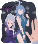  1other 2girls ako_(blue_archive) ako_(dress)_(blue_archive) black_horns blue_archive blue_dress blue_eyes blue_hair blue_halo blush breasts clenched_hand clenched_teeth cuffs dangle_earrings demon_horns dress earrings elbow_gloves gloves glow_(user_hnpv7785) grey_hair hair_between_eyes halo handcuffs highres hina_(blue_archive) hina_(dress)_(blue_archive) horns jewelry large_breasts long_hair multiple_girls multiple_horns necklace official_alternate_costume official_alternate_hairstyle open_mouth pendant purple_dress purple_eyes purple_gloves sleeveless sleeveless_dress strapless strapless_dress teeth 