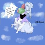 absurd_res anthro big_butt bodily_fluids bottomless butt butt_grab clothed clothing cloud dazzi_(pal) digital_drawing_(artwork) digital_media_(artwork) eddiebrije female flying flying_sweatdrops generation_3_pokemon hand_on_butt hi_res humanoid nintendo pal_(species) palworld pokemon pokemon_(species) prank ralts scared shirt simple_background sky smile smiley_face spanish_text speech_bubble sweat sweatdrop t-shirt t-shirt_only text topwear