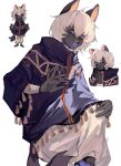  1boy ahoge animal_ears baggy_pants blue_eyes blue_tongue cat cat_boy cat_ears cat_tail chibi colored_tongue dark-skinned_male dark_skin fluffy_hair hair_between_eyes highres looking_at_viewer male_focus moonsoupss open_mouth original pants purple_eyes purple_poncho ringed_eyes sharp_teeth short_hair sidelighting standing standing_on_one_leg tail teeth white_background white_freckles white_hair white_pants 
