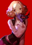  1girl ascot ask_(askzy) belt black_vest breasts curly_hair forehead gloves hand_up holding holding_mask light_brown_hair mask medium_breasts okumura_haru persona persona_5 puffy_sleeves purple_eyes purple_gloves red_background shirt simple_background solo upper_body vest white_ascot 