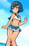  1girl arm_at_side ass_visible_through_thighs bare_arms bare_shoulders blue_eyes blue_hair blue_sailor_collar blue_skirt blue_sky blush breasts bright_pupils closed_mouth cloud cloudy_sky dutch_angle feet_out_of_frame gold_hairband hairband half-closed_eyes hand_up highres horizon knees_together_feet_apart lana_(pokemon) loodncrood looking_at_viewer midriff navel ocean pokemon pokemon_(anime) pokemon_sm_(anime) sailor_collar shirt short_hair skirt sky sleeveless sleeveless_shirt small_breasts smile solo standing thigh_gap underboob water white_pupils white_shirt 