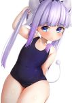  absurdres arm_up blue_eyes cameltoe collarbone commentary_request covered_navel cowboy_shot highres holding holding_hair horns kanna_kamui kobayashi-san_chi_no_maidragon long_hair one-piece_swimsuit ribbon school_swimsuit silver_hair solo swimsuit tail teii_(teii0205) thighs 