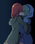  2others androgynous black_shirt blue_coat blue_pants closed_eyes coat commentary_request gradient_background green_coat green_hair highres hood hood_down hood_up hooded_coat hug incest kiss len&#039;en long_sleeves medium_hair multiple_others other_focus ougi_hina pants red_hair shirt shitodo_aoji shitodo_hooaka simple_background 