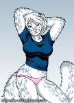  2018 anthro blue_eyes breasts clothing doc_nickel feline female fluffy fluffy_tail hair inner_ear_fluff leopard looking_at_viewer mammal navel nipple_bulge panties pirta_(the_whiteboard) portrait pose shirt simple_background smile snow_leopard solo t-shirt the_whiteboard three-quarter_portrait tight_clothing underwear webcomic white_hair 