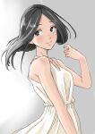  1girl absurdres bare_shoulders black_eyes black_hair collarbone dress floating_hair from_side gradient_background grey_background hakuino_hakase highres looking_to_the_side medium_hair original sleeveless sleeveless_dress smile solo sundress white_dress 