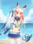  arm_up artist_name ayanami_(azur_lane) azur_lane bandaid_on_arm beach belt blue_skirt blue_sky blurry blurry_background closed_mouth cloud commentary_request day depth_of_field detached_sleeves hair_ornament headgear highres horizon leaning_to_the_side light_brown_hair long_hair long_sleeves midriff navel ocean outdoors pleated_skirt ponytail sand school_uniform seero serafuku shirt skindentation skirt sky sleeveless sleeveless_shirt smile solo thighhighs very_long_hair water white_belt white_legwear white_shirt wide_sleeves yellow_neckwear 