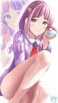  1girl arched_bangs arm_behind_leg collared_shirt hair_ornament hairclip highres holding holding_poke_ball iwabuchi501 jacket lacey_(pokemon) long_sleeves looking_at_viewer necktie open_clothes pink_hair poke_ball poke_ball_(basic) pokemon pokemon_sv purple_jacket red_necktie shirt smile solo thick_eyebrows thighs white_shirt yellow_eyes 