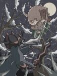 bare_tree brown_fur clothed_pokemon debudebumetabo from_below full_moon glint greedent highres hisuian_samurott holding holding_sword holding_weapon horns moon night night_sky no_humans pokemon pokemon_(creature) single_horn sky snowing sword tail tree weapon 