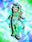  1990s_(style) 1girl animal_ears bear_ears blonde_hair closed_eyes closed_mouth colorful commentary_request drop_shadow fingernails full_body green_jacket green_nails green_pants grey_footwear grey_jacket hair_ornament highres inuha_dog_wave jacket long_fingernails long_hair mole mole_under_each_eye mole_under_eye multicolored_background multicolored_clothes multicolored_jacket multicolored_pants multiple_moles orange_nails original pants print_jacket print_pants retro_artstyle sharp_fingernails shoes solo stretching wavy_hair zipper zipper_pull_tab 