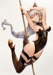  animal_ears armpits bangs bare_shoulders black_leotard blush braid breasts cat_ears commentary_request covered_navel erune eyebrows_visible_through_hair fishnet_legwear fishnets granblue_fantasy hair_tubes halterneck heles high_heels hips large_breasts leotard long_hair looking_at_viewer pole_dancing pyz_(cath_x_tech) sidelocks silver_hair single_braid smile solo thighs yellow_eyes 