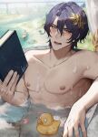  1boy absurdres asa_ifrit_(asaifrit) blush book dr._ratio_(honkai:_star_rail) eyeliner genshin_impact highres holding holding_book honkai:_star_rail honkai_(series) in_water makeup male_focus navel nude out-of-frame_censoring pectorals petals purple_hair red_eyeliner rose_petals rubber_duck soap_bubbles solo_focus sweat sweatdrop yellow_eyes 