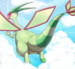  blue_sky bonte380381 cloud cloudy_sky fang flygon flying from_behind looking_at_viewer looking_back no_humans pokemon pokemon_(creature) red_eyes sky solo 