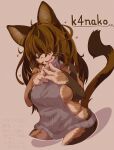  1girl absurdres animal_ears black_hair blue_eyes body_fur breasts brown_fur brown_hair calico cat_ears cat_tail character_name cropped_legs fat_rolls fewer_digits furry furry_female hair_over_eyes heart highres large_breasts meme_attire messy_hair multicolored_fur multicolored_hair nervous_smile open_mouth original own_hands_together plump smile solo sudumenooyado tail two-tone_hair virgin_killer_sweater whiskers 