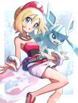  1girl :o absurdres aqua_eyes blonde_hair blue_background border bright_pupils commentary_request dress eyelashes fang glaceon gonzarez highres irida_(pokemon) jewelry looking_at_viewer neck_ring open_mouth outside_border pokemon pokemon_(creature) pokemon_legends:_arceus prehensile_ribbon red_footwear sandals short_hair shorts strapless strapless_dress white_border white_pupils white_shorts 
