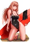  1girl absurdres black_one-piece_swimsuit black_towel breasts brown_hair cleavage goddess_of_victory:_nikke highleg highleg_swimsuit highres large_breasts long_hair looking_at_viewer one-piece_swimsuit ramuneogura rapi_(classic_vacation)_(nikke) rapi_(nikke) red_eyes sandals simple_background solo surfboard swimsuit two-tone_swimsuit white_background 